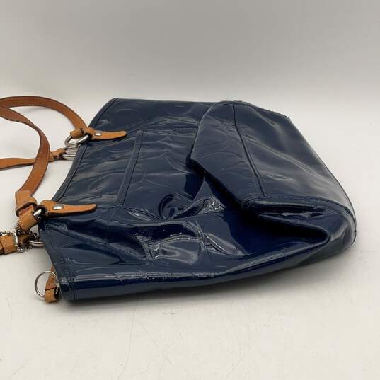 Coach Womens Blue Shiny Double Handle Outer Pocket Logo Charm Tote Handbag image number 4
