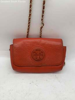 Tory Burch Womens Red Orange Leather Chain Strap Magnetic Flap Crossbody Bag alternative image