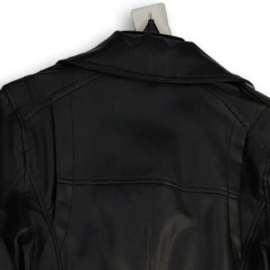 Womens Black Notch Lapel Asymmetrical Zip Long Sleeve Leather Jacket Size S image number 4