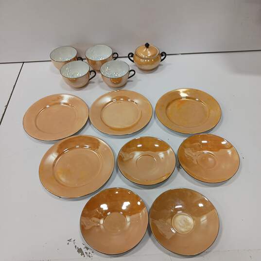 13pc Set of Czechoslovakia Orange Lusterware Teacups and Saucer Set image number 1