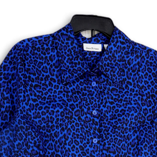 Womens Blue Leopard Print Spread Collar 3/4 Sleeve Button-Up Shirt Size L image number 3