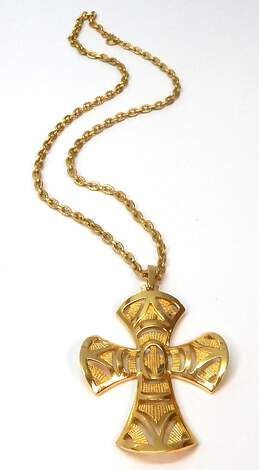 Vintage Crown Trifari Gold Tone Cross Statement Pendant Necklace 37.2g