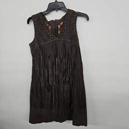 Brown V Neck Sleeveless Fringe Leather Dress