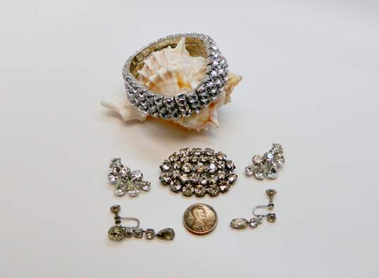 Vintage Silvertone Icy Rhinestones Cluster Clip On & Drop Screw Back Earrings Oval Brooch & Wide Bracelet 44.6g image number 5