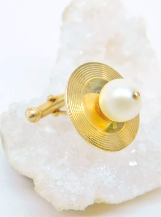 14K Gold White Pearl Etched Circles Disc Single Cufflink 4.1g image number 3
