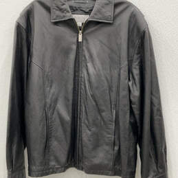 Womens Black Leather Spread Collar Pockets Long Sleeve Full-Zip Jacket Sz L