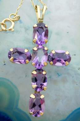 10K Yellow Gold Faceted Amethyst Cross Pendant Chain Necklace 1.4g alternative image