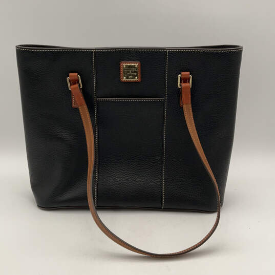 Womens Black Brown Leather Inner Pockets Bottom Studs Zipper Tote Bag image number 1
