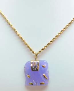 10K Yellow Gold Lavender Jade Elephant Pendant Rope Chain Necklace 11.3g