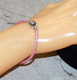 Pandora Sterling Silver Pink Leather Braided Charm Bracelet - 4.5g