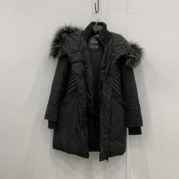 Womens Black Faux Fur Long Sleeve Side Pockets Full-Zip Parka Coat Size S