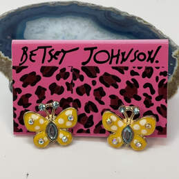 Designer Betsey Johnson Gold-Tone Rhinestone Yellow Butterfly Stud Earrings