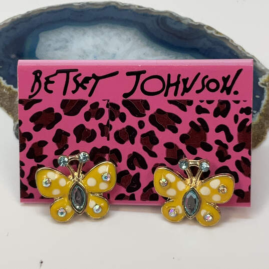 Designer Betsey Johnson Gold-Tone Rhinestone Yellow Butterfly Stud Earrings image number 1