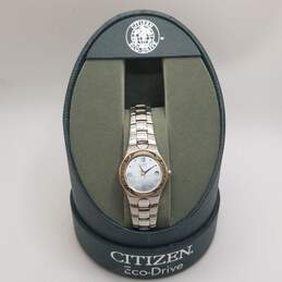 Citizen E010-H29859 25mm WR Stainless Steel Blue MOP Analog Date Eco-Drive Lady's Watch W/Box 58.0g