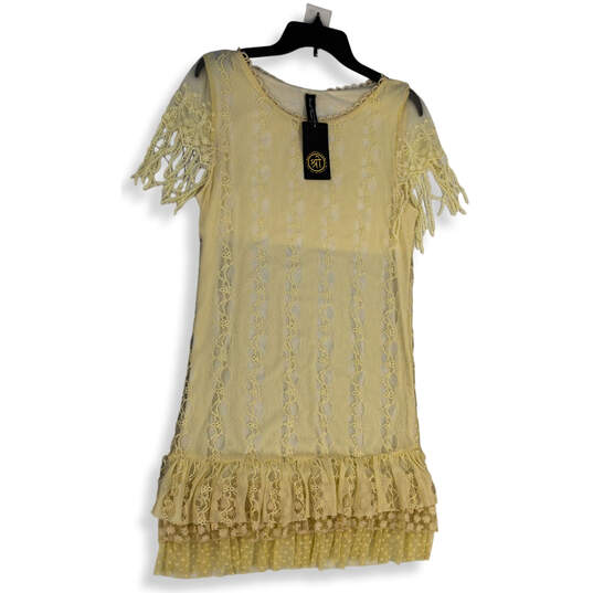 NWT Womens Ivory Lace Hem Round Neck Pullover Shift Dress Size Large image number 1