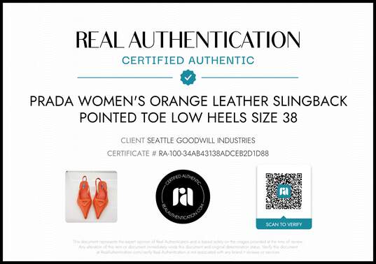 Prada Women's Orange Leather Slingback Pointed Toe Low Heels Size 7 w/COA image number 2
