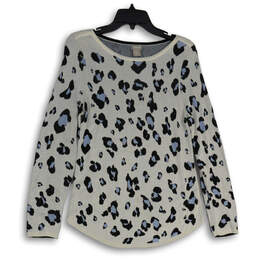 Womens Blue White Leopard Print Boat Neck Long Sleeve Pullover Sweater Sz 0