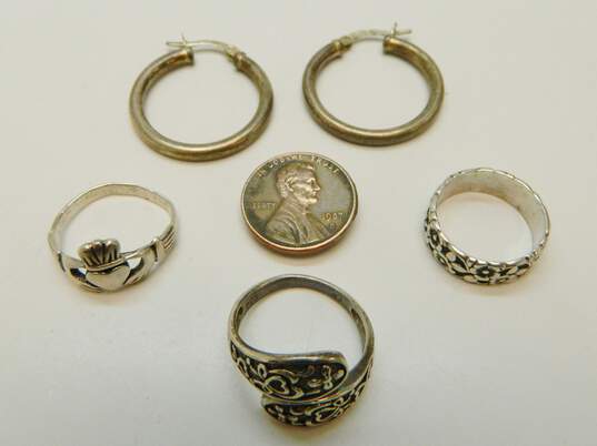 Romantic 925 Sterling Silver Hoop Earrings Claddagh Bypass & Flower Rings 13.4g image number 4