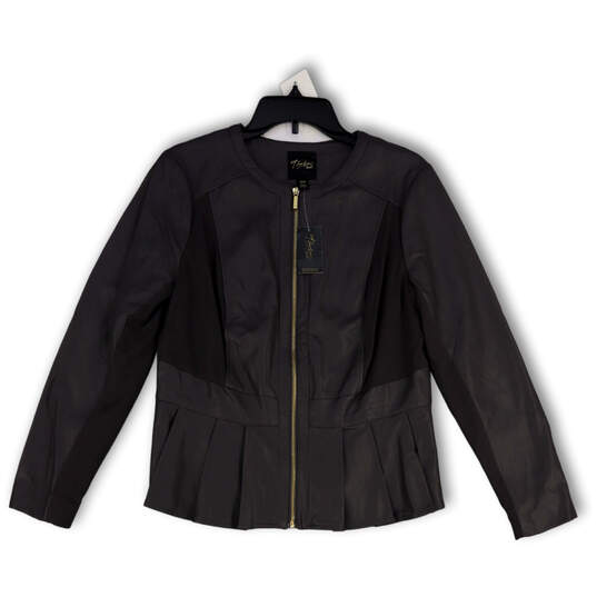 NWT Womens Gray Leather Long Sleeve Full-Zip Peplum Jacket Size Medium image number 1