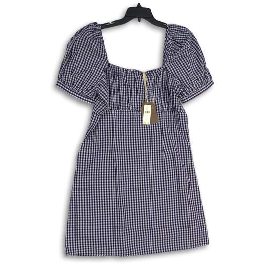 NWT Womens Blue White Check Short Sleeve Square Neck Mini Dress Size Large image number 2