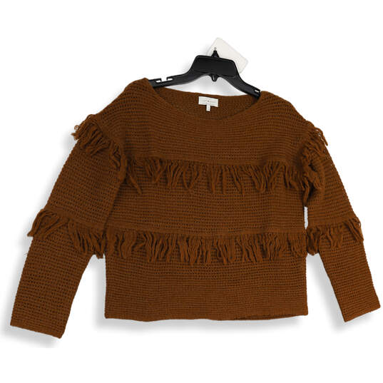Womens Brown Fringed Round Neck Long Sleeve Pullover Sweater Size Small image number 2