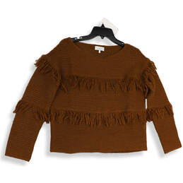 Womens Brown Fringed Round Neck Long Sleeve Pullover Sweater Size Small alternative image
