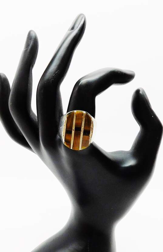 Vintage Taxco Mexico 925 Tigers Eye Stripes Inlay Oval Chunky Band Ring image number 1