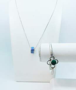 Sterling Silver Taxco Malachite Flower Bracelet & Lapis Inlay Slider Bead Necklace 28.8g