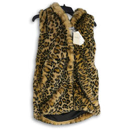 NWT Womens Black Beige Animal Print Hooded Faux Fur Vest Size XS