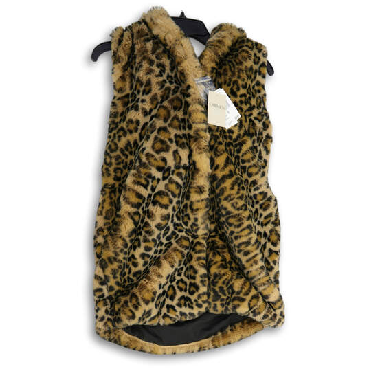 NWT Womens Black Beige Animal Print Hooded Faux Fur Vest Size XS image number 1