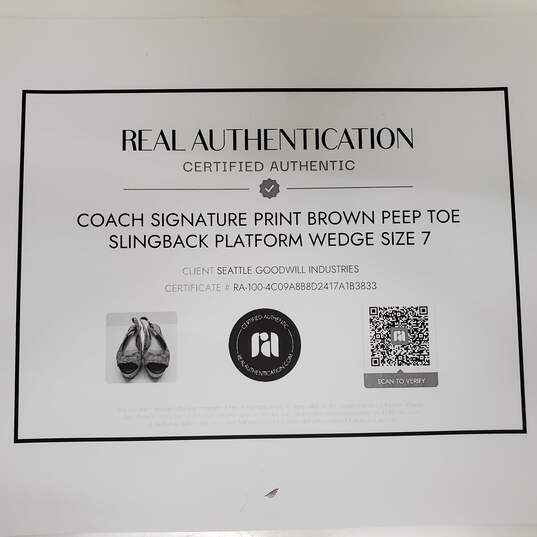 Coach Signature Print Brown Peep Toe Slingback Platform Wedge Women's Size 7 image number 8