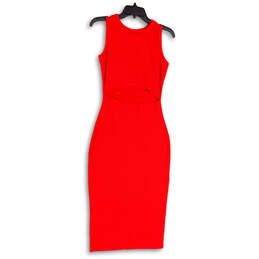 Womens Red Sleeveless Cut Out Round Neck Midi Bodycon Dress Size Small