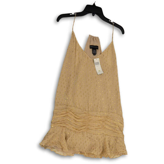 NWT Womens Gold Ruffle V-Neck Spaghetti Strap Sleeveless Mini Dress Size 14 image number 1