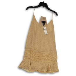 NWT Womens Gold Ruffle V-Neck Spaghetti Strap Sleeveless Mini Dress Size 14