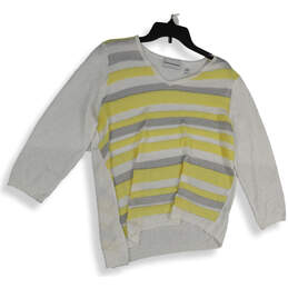 Womens White Yellow Striped Knitted 3/4 Sleeve V-Neck Pullover Sweater Sz L