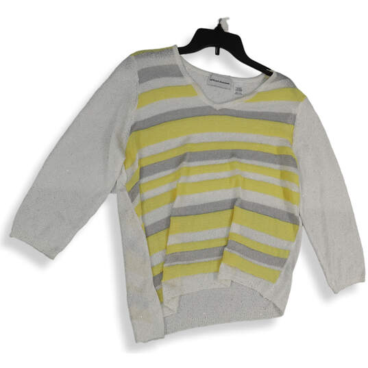 Womens White Yellow Striped Knitted 3/4 Sleeve V-Neck Pullover Sweater Sz L image number 1