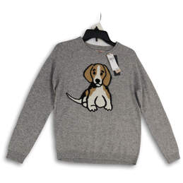 NWT Womens Gray Knitted Embroidered Dog Crew Neck Pullover Sweater Size M