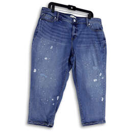 Womens Blue Denim Medium Wash Distressed Tapered Leg Cropped Jeans Size 16P