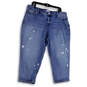 Womens Blue Denim Medium Wash Distressed Tapered Leg Cropped Jeans Size 16P image number 1