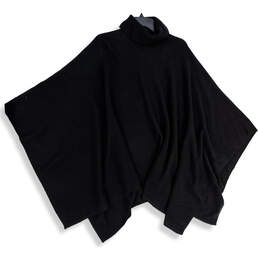 Womens Black Tight-Knit Mock Neck Pullover Poncho Sweater One Size