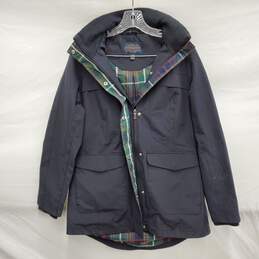 The Pendleton WM's Cotton & Polyester Blend & Plaid Lining Black Hooded Rain Jacket Size SM