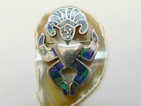 Taxco 950 Silver Inlay Azurite Aztec Figure Brooch 16.9g image number 1