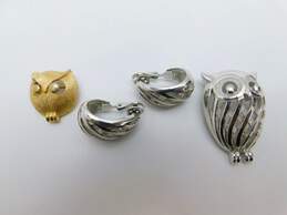 Vintage Crown Trifari Silvertone & Goldtone Owl Bird Textured & Smooth Brooches & Matching Lattice Curved Drop Clip On Earrings Set 37.2g