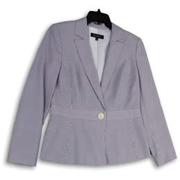 Womens Blue White Striped Long Sleeve Notch Lapel One Button Blazer Size 8