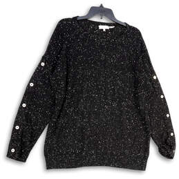 Womens Black Shimmer Round Neck Long Sleeve Knitted Pullover Sweater Size L