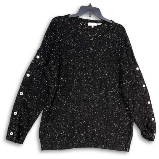 Womens Black Shimmer Round Neck Long Sleeve Knitted Pullover Sweater Size L image number 1