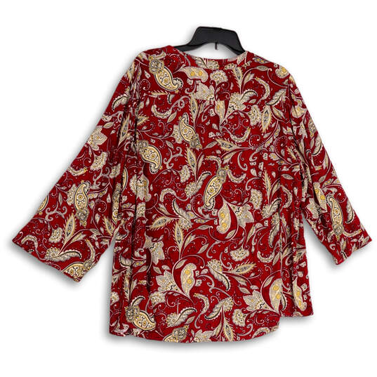 Womens Red Paisley Pleated Split Neck 3/4 Sleeve Blouse Top Size 1X image number 2