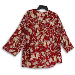 Womens Red Paisley Pleated Split Neck 3/4 Sleeve Blouse Top Size 1X alternative image