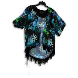 Womens Black Blue Floral 3/4 Sleeve Sheer Kimono Swimsuit Coverup Size S