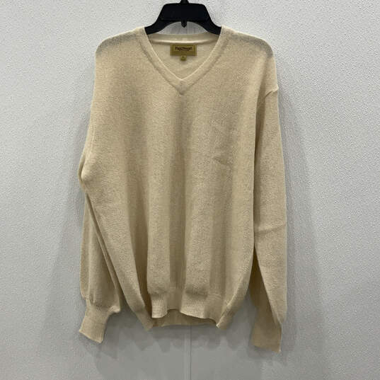 Womens Beige Knitted Long Sleeve V-Neck Pullover Sweater Size XL image number 1